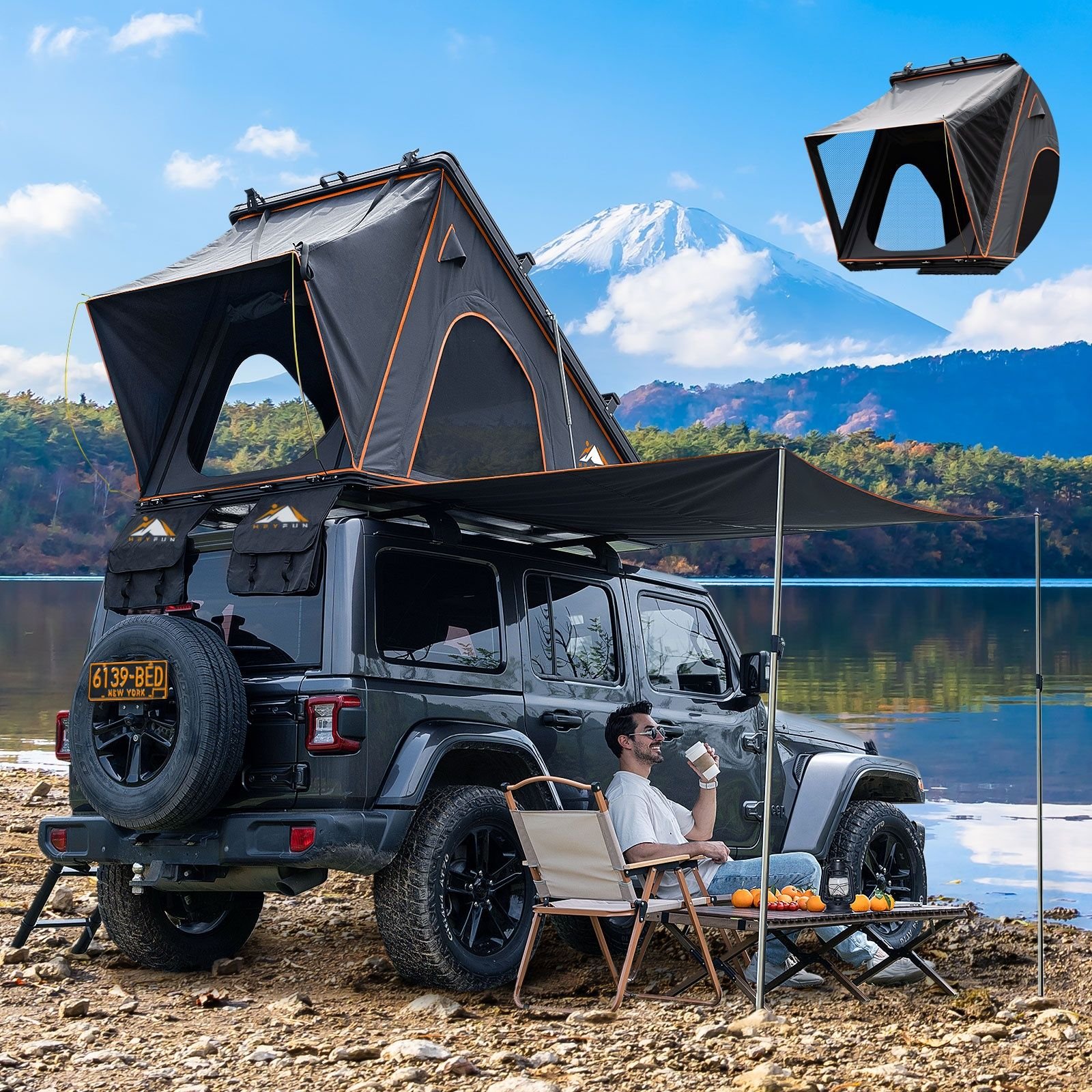 Explorer Pro Rooftop Tent Hard Shell with USB Outlet, Side Awning, Replaceable Netting Curtain&Luggage Racks for 4 Season Camping